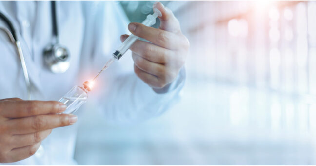 Medicine doctor and vaccine dose flu shot drug syringe in labora